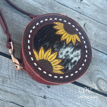 Load image into Gallery viewer, Brown Sunflower & Cowhide Mini Round Bag