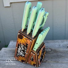 Load image into Gallery viewer, Sunflower Tooled and Cowhide Mint Knife Block Set