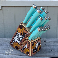 Load image into Gallery viewer, Sunflower Tooled and Cowhide Turquoise Knife Block Set