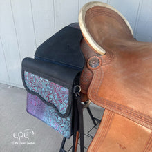 Load image into Gallery viewer, Distressed Black and Rio Hide Saddle Bags