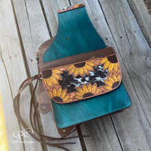 Load image into Gallery viewer, Distressed Turquoise and Sunflower Saddle Bags
