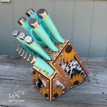 Load image into Gallery viewer, Sunflower Tooled and Cowhide Turquoise Knife Block Set