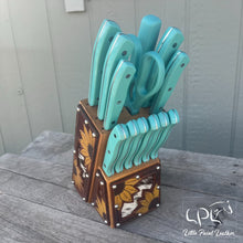 Load image into Gallery viewer, *AUCTION* Sunflower and Cowhide Turquoise Knife Block Set