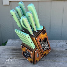 Load image into Gallery viewer, Sunflower Tooled and Cowhide Mint Knife Block Set