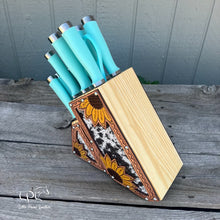 Load image into Gallery viewer, Sunflower Tooled and Cowhide Turquoise Knife Block Set