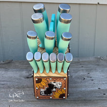 Load image into Gallery viewer, Sunflower Tooled and Cowhide Turquoise Knife Block Set