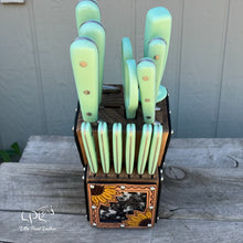 Load image into Gallery viewer, Sunflower Tooled and Cowhide Mint Knife Block Set