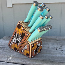 Load image into Gallery viewer, Sunflower Tooled and Cowhide Turquoise Knife Block Set