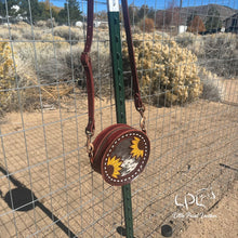 Load image into Gallery viewer, Brown Sunflower & Cowhide Mini Round Bag