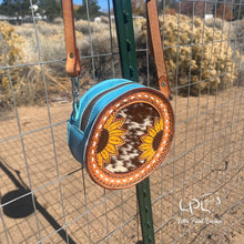 Load image into Gallery viewer, Blue Sunflower & Cowhide Mini Round Bag