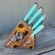 Load image into Gallery viewer, Sunflower Tooled and Cowhide Turquoise Knife Block Set