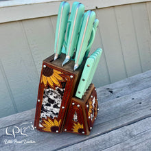 Load image into Gallery viewer, Sunflower Tooled and Cowhide Mint Knife Block Set