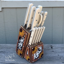 Load image into Gallery viewer, Sunflower Tooled and Cowhide Linen White Knife Block Set