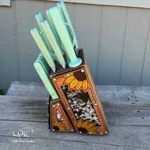 Load image into Gallery viewer, Sunflower Tooled and Cowhide Mint Knife Block Set