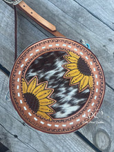 Load image into Gallery viewer, Blue Sunflower & Cowhide Mini Round Bag