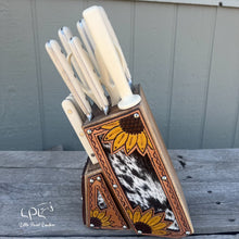 Load image into Gallery viewer, Sunflower Tooled and Cowhide Linen White Knife Block Set