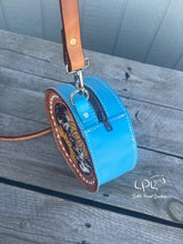 Load image into Gallery viewer, Blue Sunflower & Cowhide Mini Round Bag
