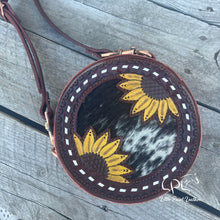 Load image into Gallery viewer, Brown Sunflower & Cowhide Mini Round Bag