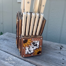 Load image into Gallery viewer, Sunflower Tooled and Cowhide Linen White Knife Block Set