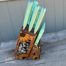 Load image into Gallery viewer, Sunflower Tooled and Cowhide Mint Knife Block Set