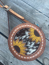 Load image into Gallery viewer, Blue Sunflower & Cowhide Mini Round Bag