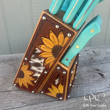 Load image into Gallery viewer, *AUCTION* Sunflower and Cowhide Turquoise Knife Block Set