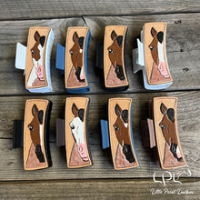 Load image into Gallery viewer, Bay Roan Horse Tooled Leather Hair Clip
