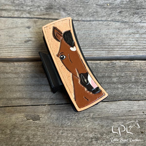 Bay Horse Tooled Leather Hair Clip