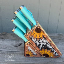 Load image into Gallery viewer, Sunflower Tooled and Cowhide Turquoise Knife Block Set
