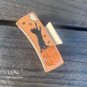 Halloween Kitty Tooled Leather Hair Clip