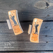 Load image into Gallery viewer, Halloween Kitty Tooled Leather Hair Clip
