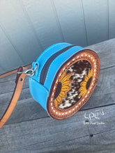 Load image into Gallery viewer, Blue Sunflower &amp; Cowhide Mini Round Bag
