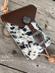 Black/White Cowhide Saddle Pouch- Pinwheel Concho