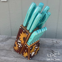 Load image into Gallery viewer, *AUCTION* Sunflower and Cowhide Turquoise Knife Block Set
