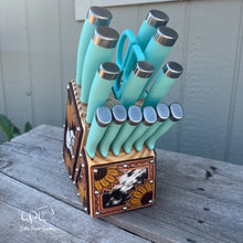Load image into Gallery viewer, Sunflower Tooled and Cowhide Turquoise Knife Block Set
