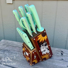 Load image into Gallery viewer, Sunflower Tooled and Cowhide Mint Knife Block Set
