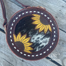 Load image into Gallery viewer, Brown Sunflower &amp; Cowhide Mini Round Bag
