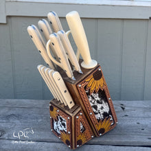 Load image into Gallery viewer, Sunflower Tooled and Cowhide Linen White Knife Block Set
