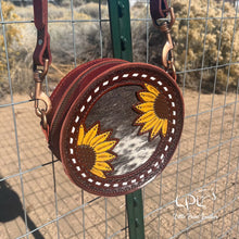 Load image into Gallery viewer, Brown Sunflower &amp; Cowhide Mini Round Bag
