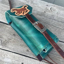 Load image into Gallery viewer, Distressed Teal Bottle Holder with Running Horse
