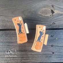 Load image into Gallery viewer, Halloween Kitty Tooled Leather Hair Clip

