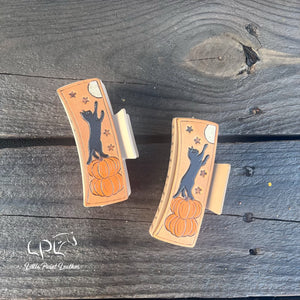 Halloween Kitty Tooled Leather Hair Clip