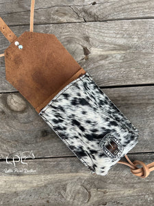 Black/White Cowhide Saddle Pouch- Pinwheel Concho