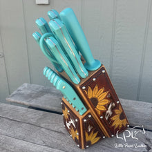 Load image into Gallery viewer, *AUCTION* Sunflower and Cowhide Turquoise Knife Block Set
