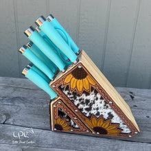Load image into Gallery viewer, Sunflower Tooled and Cowhide Turquoise Knife Block Set
