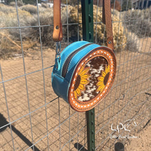 Load image into Gallery viewer, Blue Sunflower &amp; Cowhide Mini Round Bag
