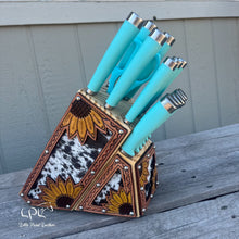 Load image into Gallery viewer, Sunflower Tooled and Cowhide Turquoise Knife Block Set
