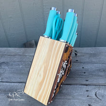 Load image into Gallery viewer, Sunflower Tooled and Cowhide Turquoise Knife Block Set
