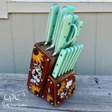 Load image into Gallery viewer, Sunflower Tooled and Cowhide Mint Knife Block Set

