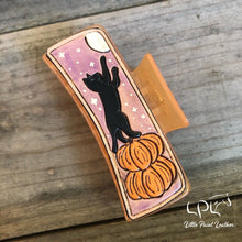 Load image into Gallery viewer, Pumpkin Kitty Tooled Leather Hair Clip
